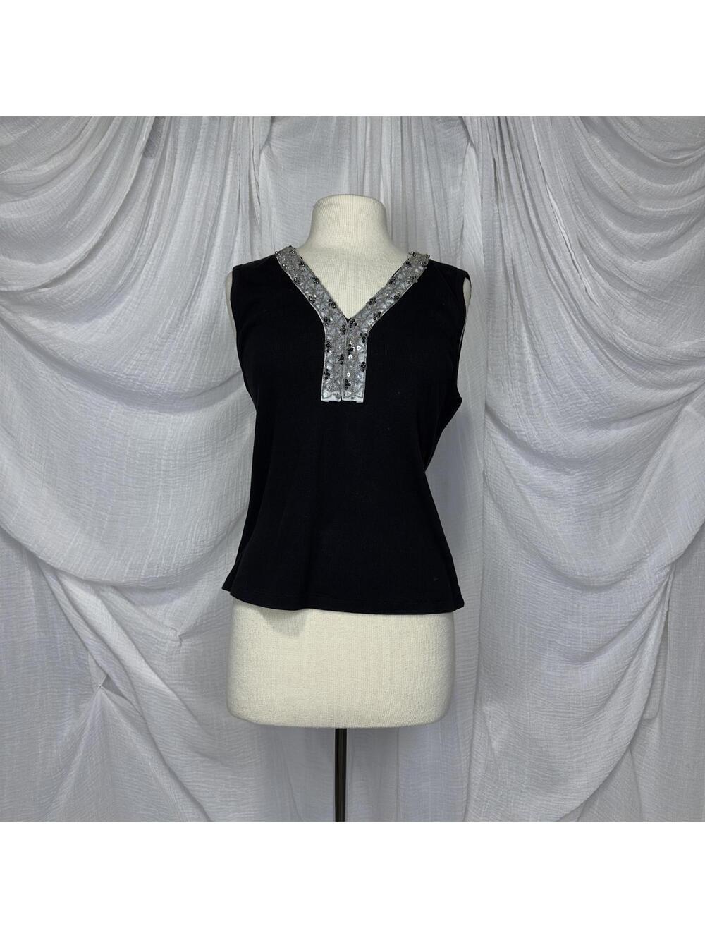 Vintage Indie Boho Cable & Gauge Black Sleeveless Top with Sequin Trim M